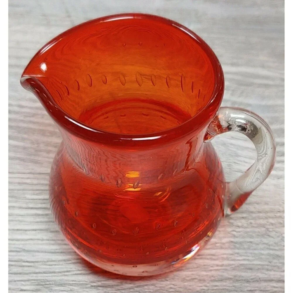 Lefton Red Glass Controlled Bubbles Creamer Hand Blown Mini Pitcher Handle VTG